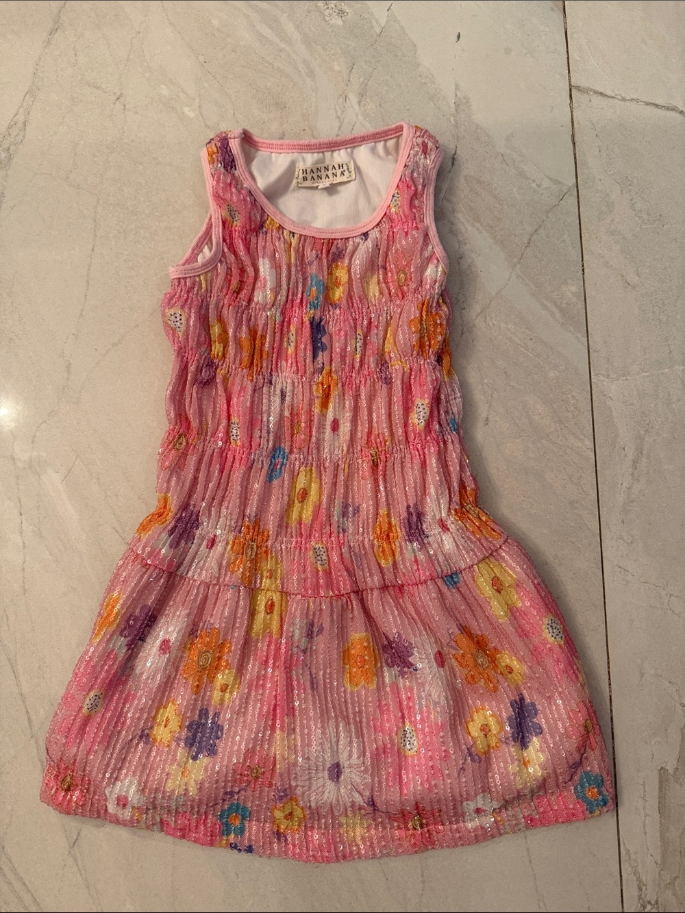 Hannah Banana Pink Floral Smocked Sequin Tank Dress